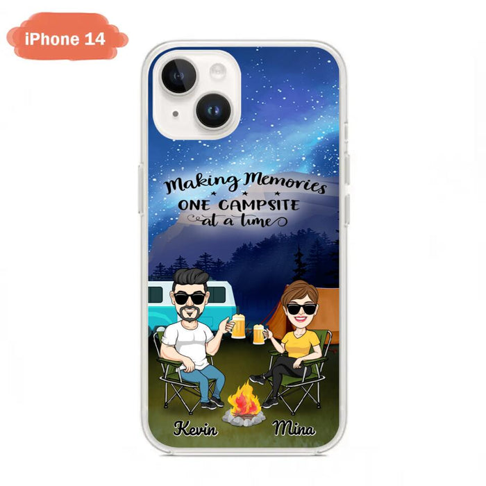 Custom Personalized Night Camping Phone Case - Couple With Up to 3 Dogs - Gift For Couple/ Camping Lover - Making Memories One Campsite At A Time - Case For iPhone And Samsung