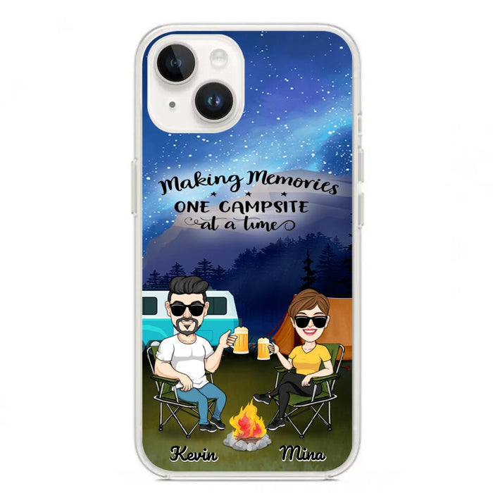 Custom Personalized Night Camping Phone Case - Couple With Up to 3 Dogs - Gift For Couple/ Camping Lover - Making Memories One Campsite At A Time - Case For iPhone And Samsung