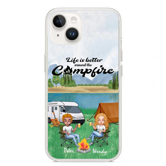 Custom Personalized Camping Chibi Phone Case - Couple With Upto 2 Dogs - Gift Idea For Dog/ Camping Lover - Life Is Better Around The Campfire - Case For iPhone And Samsung