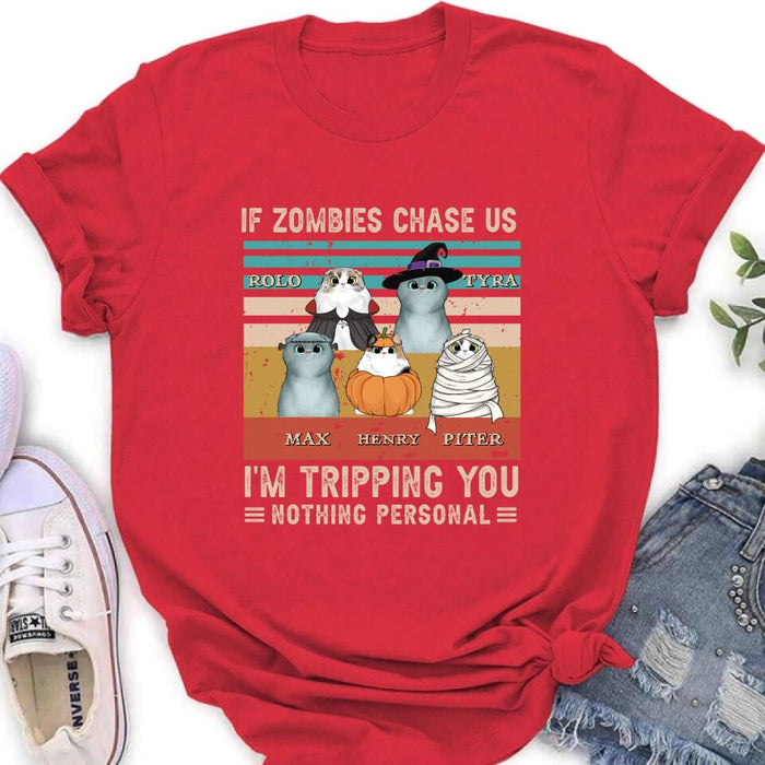 Custom Personalized Pet Halloween Vintage Style T-Shirt/Hoodie/Sweatshirt/Long Sleeve - Gift for Dog Lovers, Cat Lovers - Up to 5 Pets - If zombies chase us, I'm tripping you