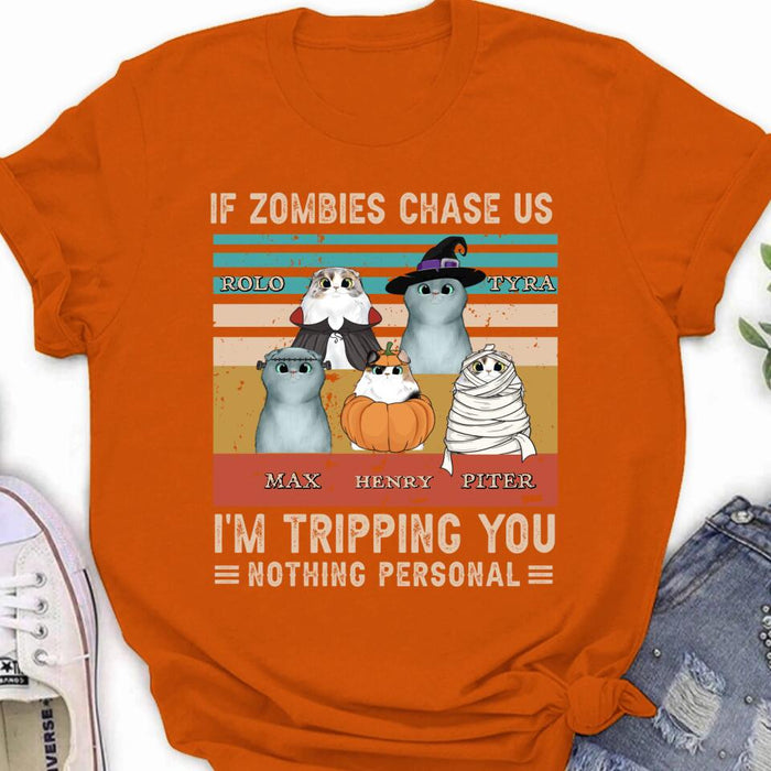 Custom Personalized Pet Halloween Vintage Style T-Shirt/Hoodie/Sweatshirt/Long Sleeve - Gift for Dog Lovers, Cat Lovers - Up to 5 Pets - If zombies chase us, I'm tripping you