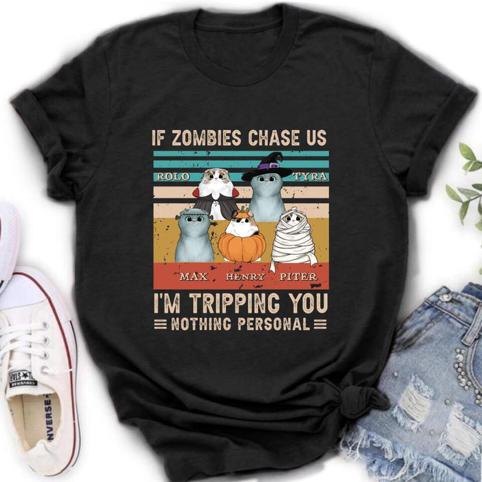 Custom Personalized Pet Halloween Vintage Style T-Shirt/Hoodie/Sweatshirt/Long Sleeve - Gift for Dog Lovers, Cat Lovers - Up to 5 Pets - If zombies chase us, I'm tripping you