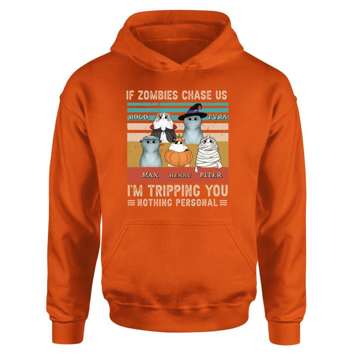 Custom Personalized Pet Halloween Vintage Style T-Shirt/Hoodie/Sweatshirt/Long Sleeve - Gift for Dog Lovers, Cat Lovers - Up to 5 Pets - If zombies chase us, I'm tripping you