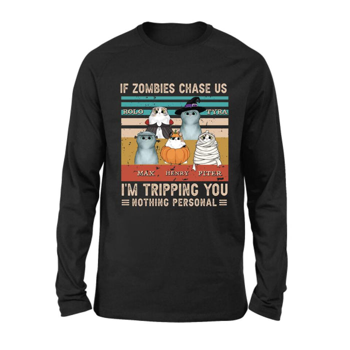 Custom Personalized Pet Halloween Vintage Style T-Shirt/Hoodie/Sweatshirt/Long Sleeve - Gift for Dog Lovers, Cat Lovers - Up to 5 Pets - If zombies chase us, I'm tripping you