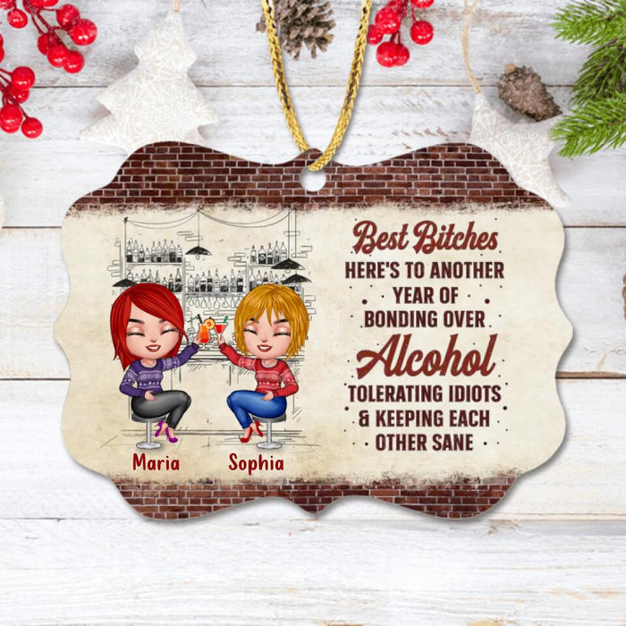 Custom Personalized Xmas Friends Rectangle Wooden/Acrylic Ornament - Gift Idea For Besties - Up To 4 Friends - Best Bitches Here's To Another Year Of Bonding Over Alcohol Tolerating Idiots & Keeping Each Other Sane