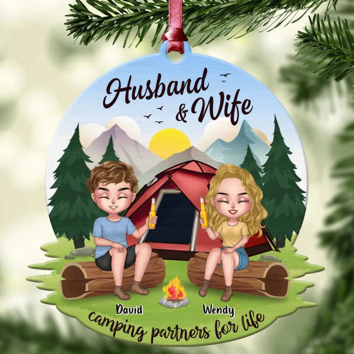 Custom Personalized Camping Couple Wooden Ornament - Gift Idea For Camping Lover/ Couple/ Christmas - Husband and Wife Camping Partners For Life