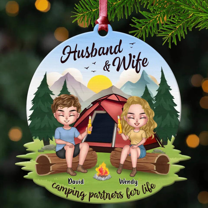 Custom Personalized Camping Couple Wooden Ornament - Gift Idea For Camping Lover/ Couple/ Christmas - Husband and Wife Camping Partners For Life