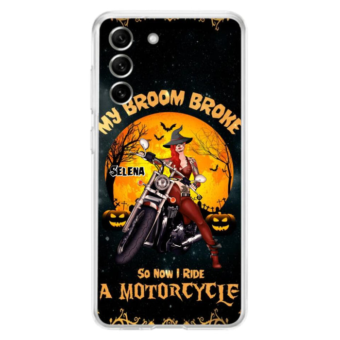 Custom Personalized Witch Phone Case - Upto 4 Dogs - Halloween Gifts For Friends/Dog Lovers  - My Broom Broke So Now I Ride A Motorcycle - Case For iPhone/Samsung