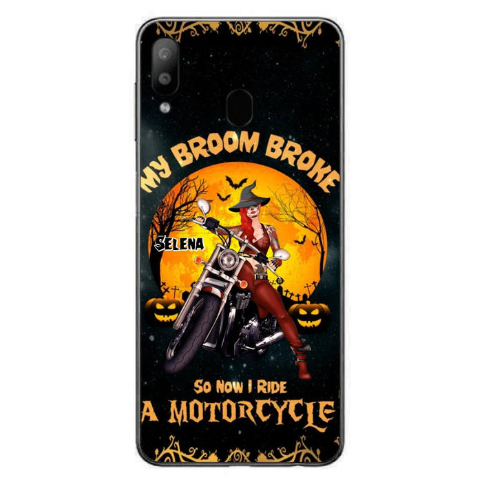 Custom Personalized Witch Phone Case - Upto 4 Dogs - Halloween Gifts For Friends/Dog Lovers  - My Broom Broke So Now I Ride A Motorcycle - Case For iPhone/Samsung