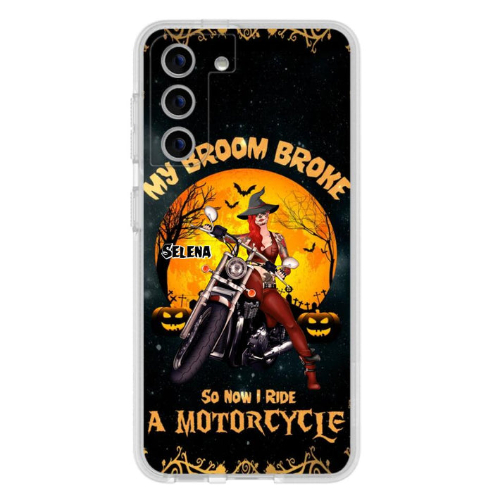 Custom Personalized Witch Phone Case - Upto 4 Dogs - Halloween Gifts For Friends/Dog Lovers  - My Broom Broke So Now I Ride A Motorcycle - Case For iPhone/Samsung