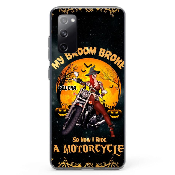 Custom Personalized Witch Phone Case - Upto 4 Dogs - Halloween Gifts For Friends/Dog Lovers  - My Broom Broke So Now I Ride A Motorcycle - Case For iPhone/Samsung