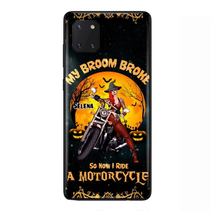 Custom Personalized Witch Phone Case - Upto 4 Dogs - Halloween Gifts For Friends/Dog Lovers  - My Broom Broke So Now I Ride A Motorcycle - Case For iPhone/Samsung