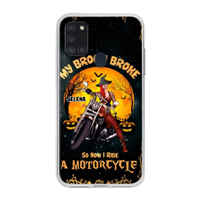 Custom Personalized Witch Phone Case - Upto 4 Dogs - Halloween Gifts For Friends/Dog Lovers  - My Broom Broke So Now I Ride A Motorcycle - Case For iPhone/Samsung