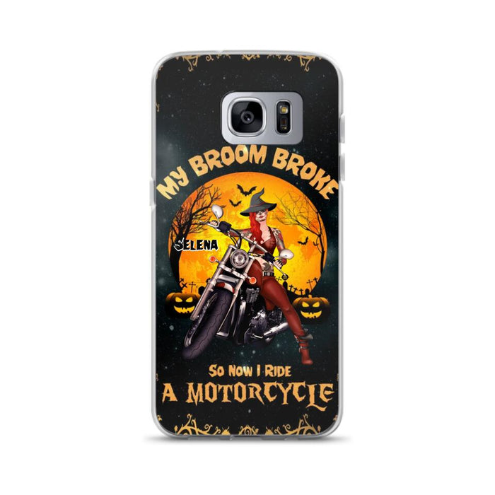 Custom Personalized Witch Phone Case - Upto 4 Dogs - Halloween Gifts For Friends/Dog Lovers  - My Broom Broke So Now I Ride A Motorcycle - Case For iPhone/Samsung