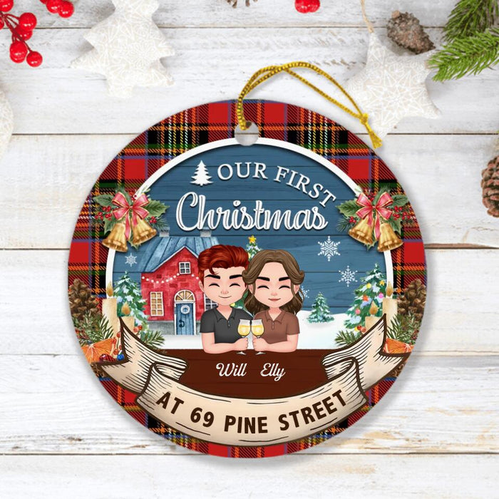 Custom Personalized First Christmas At Our New Home Circle Wooden Ornament - Couple With Kids And Pets - Christmas Gift Idea For Couple/Family - Our First Christmas