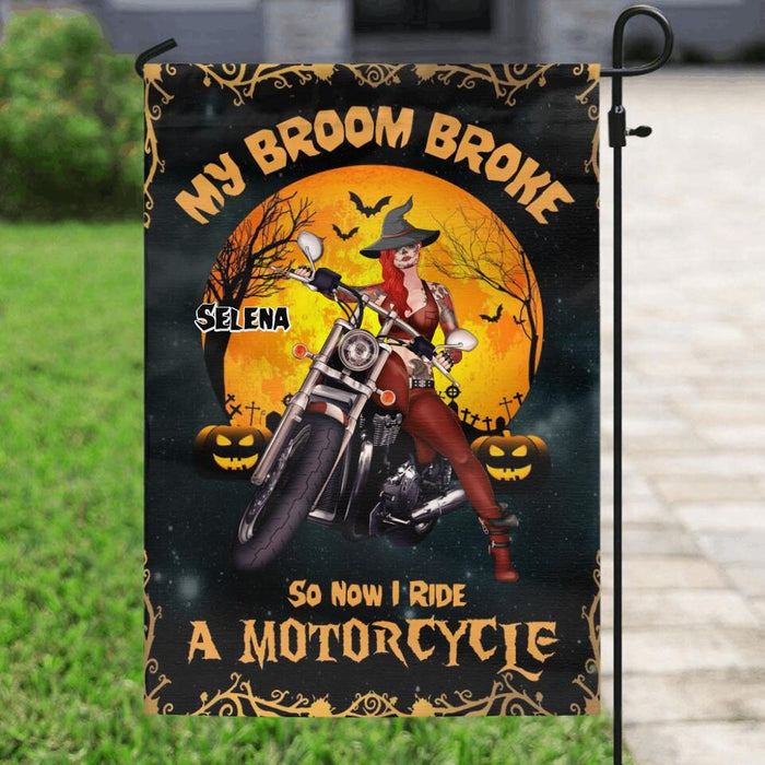 Custom Personalized Witch Flag - Upto 4 Dogs - Halloween Gifts For Friends/Dog Lovers - My Broom Broke So Now I Ride A Motorcycle