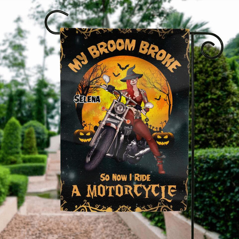 Personalized Witch Flag - Up to 4 Dogs - Halloween Gifts For Friends/Dog Lovers - My Broom Broke So Now I Ride A Motorcycle