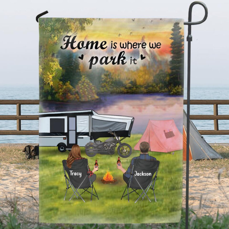Personalized Camping Flag - Full Option (4 Kids- 2 Pets) - Best Gift Idea For Camping Lovers - Home is where we park it