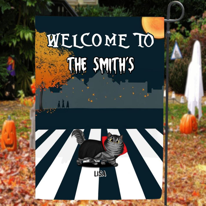 Custom Personalized Halloween Cat Flag Sign - Upto 6 Cats - Halloween Gift For Cat Lover - Welcome To The Smith's - IX99LO