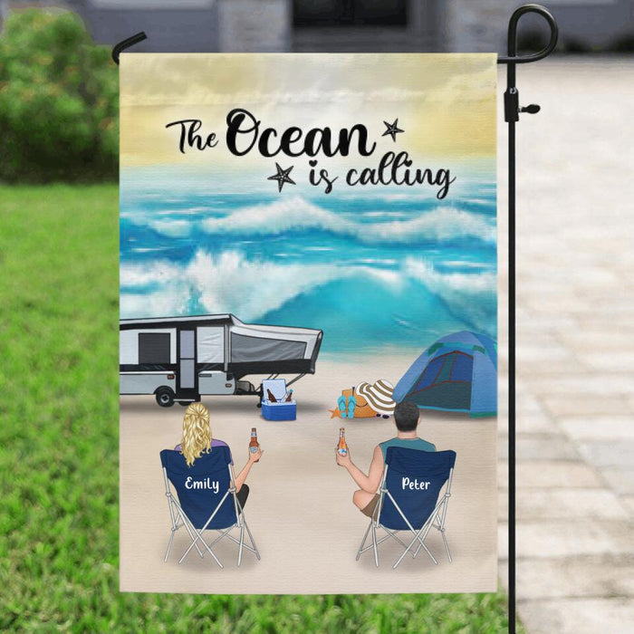 Custom Personalized Beach Camping Garden Flag - Gift for Father's Day from Wife to Husband, Gift For The Whole Family with up to 4 Kids and 2 Pets - The Ocean Is Calling - 1CTOH9