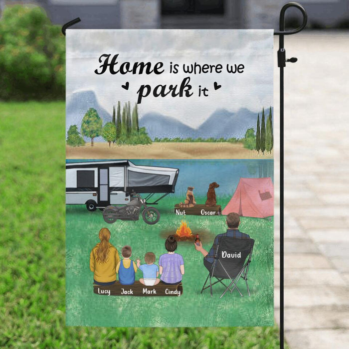 Custom Personalized Camping Flag - Single Man/Woman with up to 4 Kids and 2 Pets - Gift For Father's Day - Home Is Where We Park It