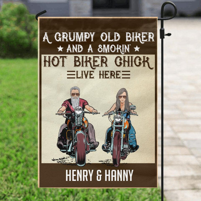 Custom Personalized Couple Biker Flag Sign - Gift Idea For Couple - A Grumpy Old Biker And A Smokin' Hot Biker Chick Live Here