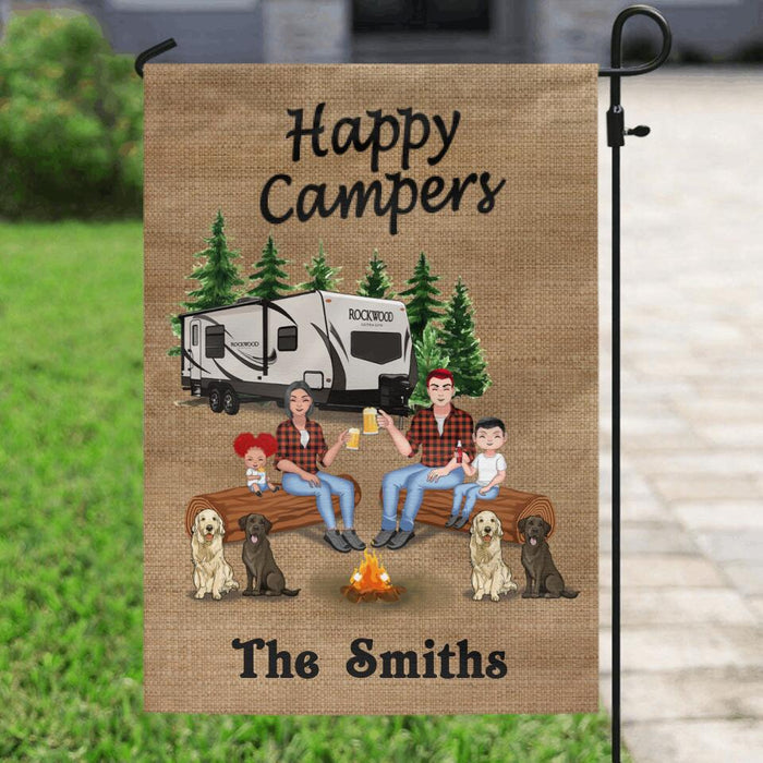 Personalized Camping Family Flag Sign - Gift Idea For Camping Lovers with up to 2 Kids and 4 Dogs - Happy Campers
