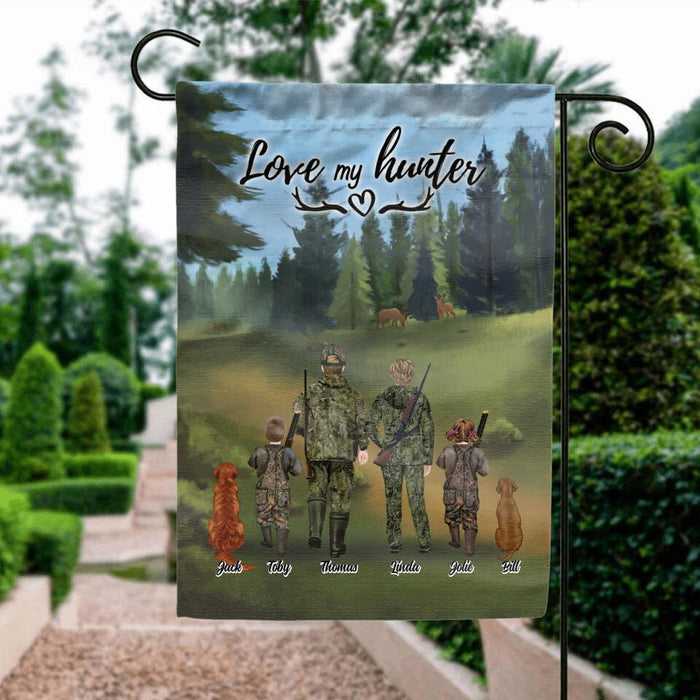 Custom Personalized Hunting With Pets Flag - Parents With Up To 2 Kids/ Couple/Single Parent/Solo Man/Woman and Pets - Best Gift For Hunting Lovers