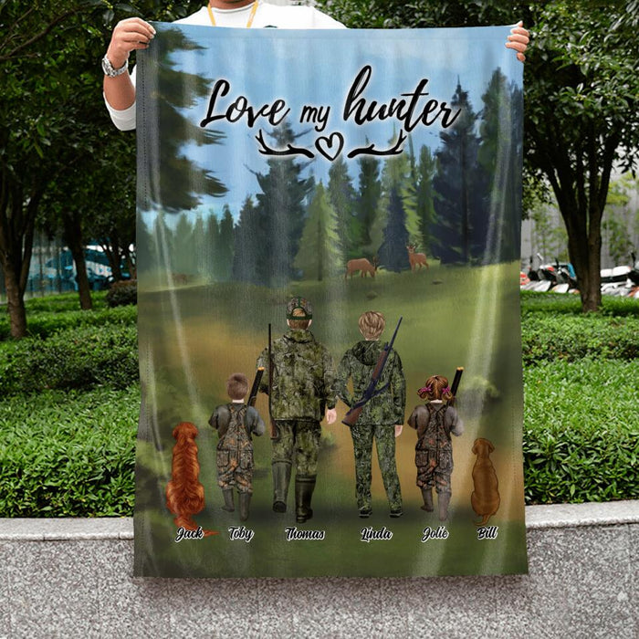 Custom Personalized Hunting With Pets Flag - Parents With Up To 2 Kids/ Couple/Single Parent/Solo Man/Woman and Pets - Best Gift For Hunting Lovers