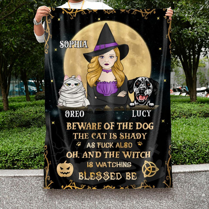 Custom Personalized Witch Flag - Upto 4 Pets - Halloween Gift Idea For Friends/Dog/Cat Lovers - Beware Of The Dog The Cat Is Shady As Fuck Also