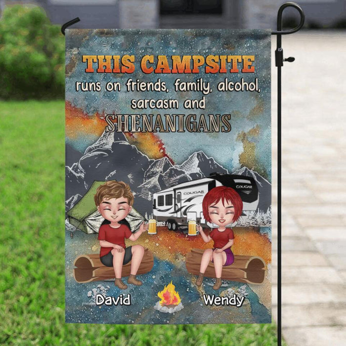 Custom Personalized Camping Friends Flag Sign - Upto 6 People - Gift Idea For Friends/Camping Lovers - This Campsite Runs On Friends Family Alcohol Sarcasm And Shenanigans