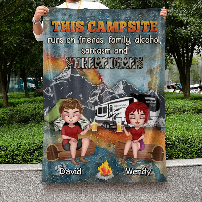 Custom Personalized Camping Friends Flag Sign - Upto 6 People - Gift Idea For Friends/Camping Lovers - This Campsite Runs On Friends Family Alcohol Sarcasm And Shenanigans