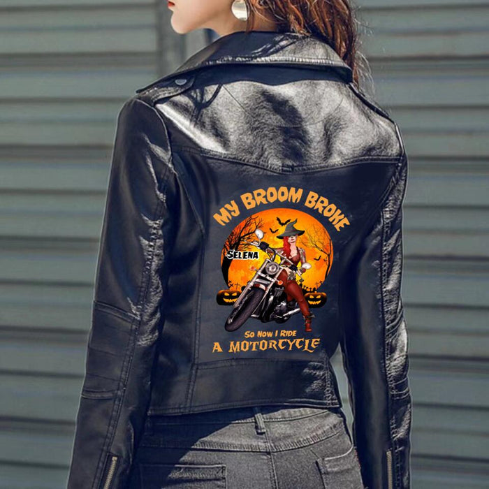 Personalized Witch Woman Leather Jacket - Up to 4 Dogs/Cats - Halloween Gifts For Friends/Dog/Cat Lovers - My Broom Broke So Now I Ride A Motorcycle