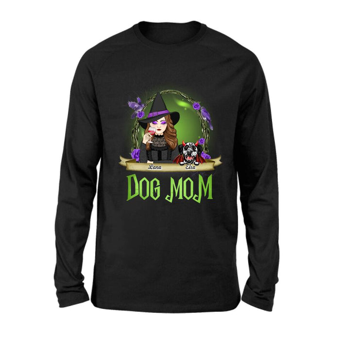 Custom Personalized Dog Mom Witch Shirt/ Hoodie - Upto 4 Dogs - Halloween Gift Idea For Dog Lovers - Dog Mom