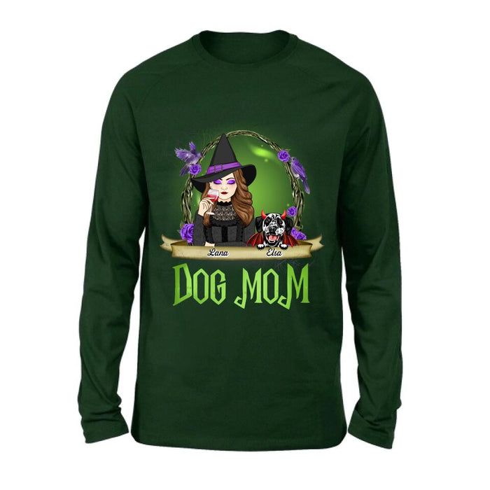 Custom Personalized Dog Mom Witch Shirt/ Hoodie - Upto 4 Dogs - Halloween Gift Idea For Dog Lovers - Dog Mom