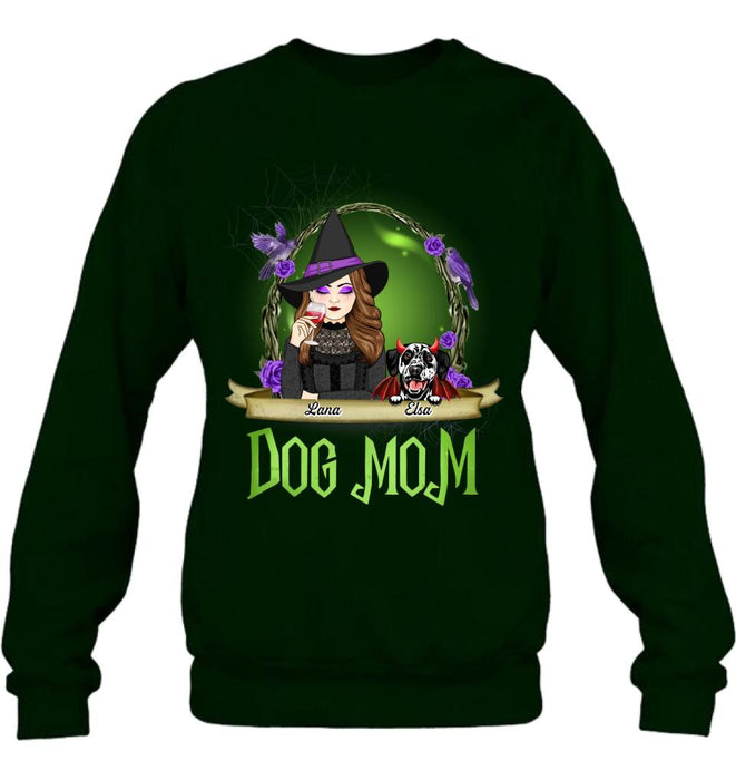 Custom Personalized Dog Mom Witch Shirt/ Hoodie - Upto 4 Dogs - Halloween Gift Idea For Dog Lovers - Dog Mom