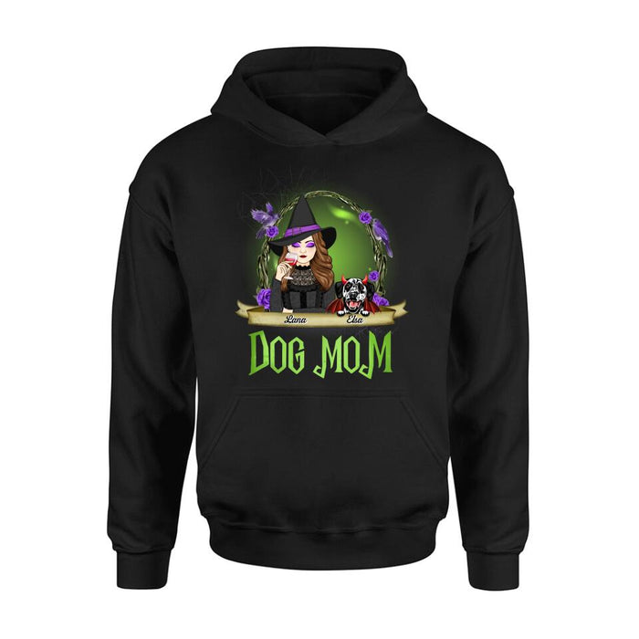 Custom Personalized Dog Mom Witch Shirt/ Hoodie - Upto 4 Dogs - Halloween Gift Idea For Dog Lovers - Dog Mom