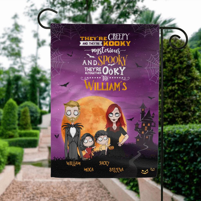 Custom Personalized Creepy Family Flag Sign - Couple With Upto 2 Kids - Halloween/Welcome Gift Idea For Family - They're Creepy They're Kooky Mysterious And Spooky They're Altogether Ooky