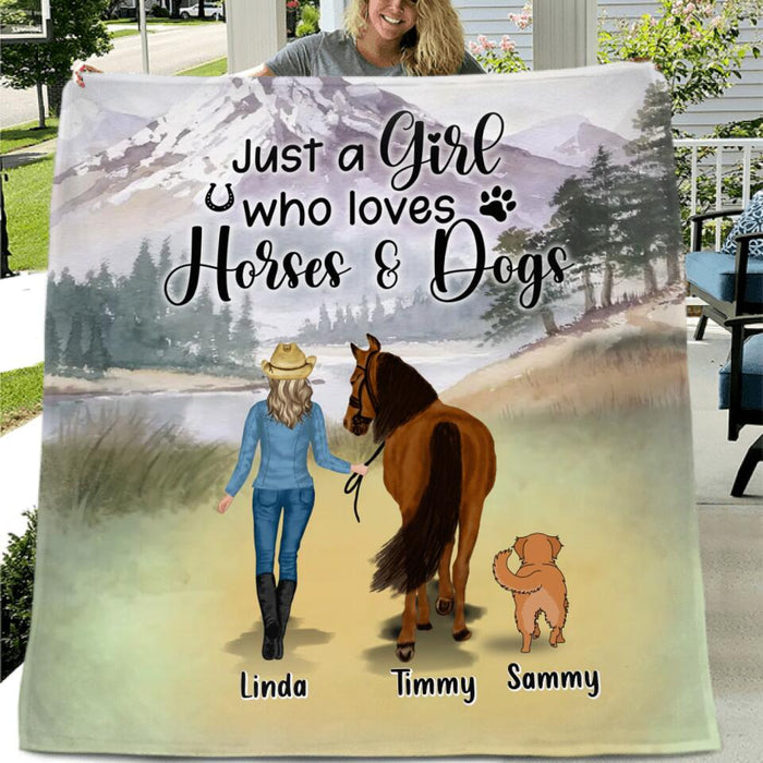 Custom Personalized Horse & Dog Quilt/Single Layer Fleece Blanket - Gift Idea For Horse/Dog Lovers With Up To 2 Horses And 4 Dogs - Just A Girl Who Loves Horses & Dogs