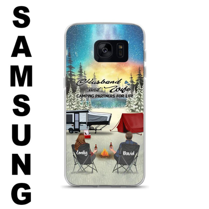 Custom Personalized Camping Xmas Phone Case - Christmas Gift For Camping Family/Couple/Single Parent/Solo - Upto 3 Kids and 4 Pets - Husband And Wife Camping Partners For Life - Case For iPhone And Samsung