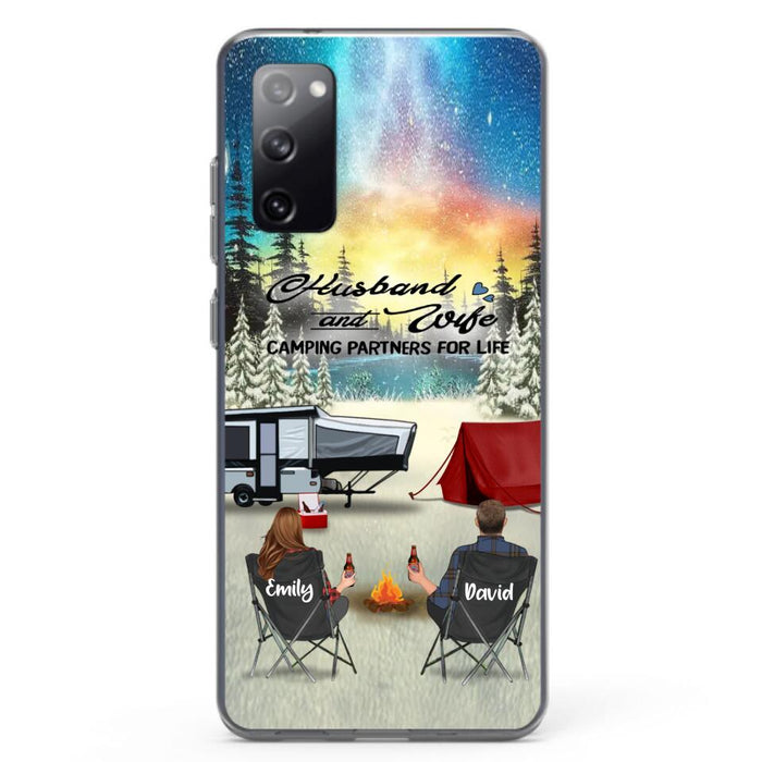 Custom Personalized Camping Xmas Phone Case - Christmas Gift For Camping Family/Couple/Single Parent/Solo - Upto 3 Kids and 4 Pets - Husband And Wife Camping Partners For Life - Case For iPhone And Samsung