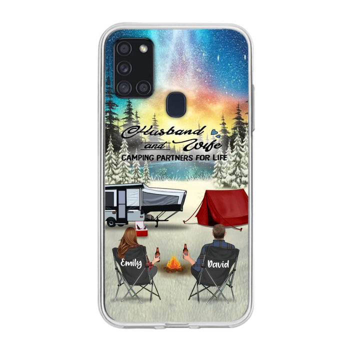 Custom Personalized Camping Xmas Phone Case - Christmas Gift For Camping Family/Couple/Single Parent/Solo - Upto 3 Kids and 4 Pets - Husband And Wife Camping Partners For Life - Case For iPhone And Samsung