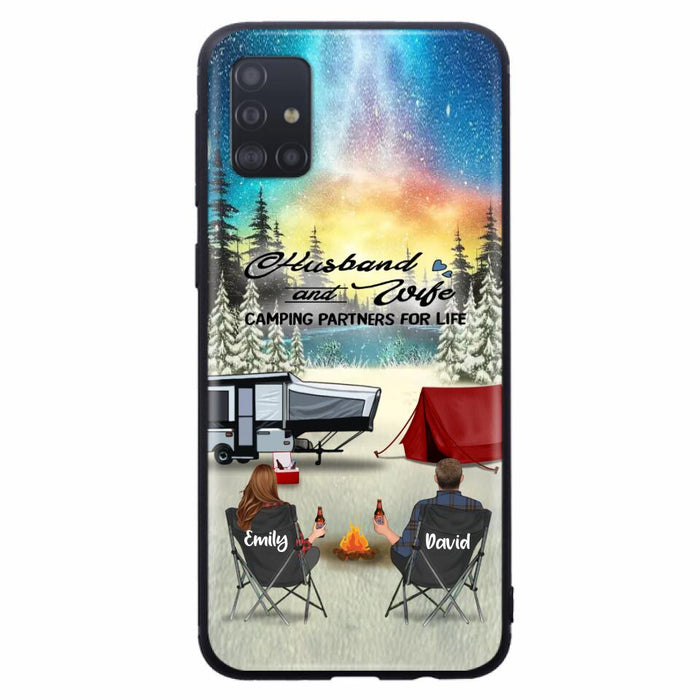 Custom Personalized Camping Xmas Phone Case - Christmas Gift For Camping Family/Couple/Single Parent/Solo - Upto 3 Kids and 4 Pets - Husband And Wife Camping Partners For Life - Case For iPhone And Samsung