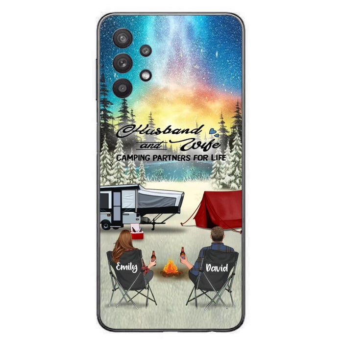 Custom Personalized Camping Xmas Phone Case - Christmas Gift For Camping Family/Couple/Single Parent/Solo - Upto 3 Kids and 4 Pets - Husband And Wife Camping Partners For Life - Case For iPhone And Samsung