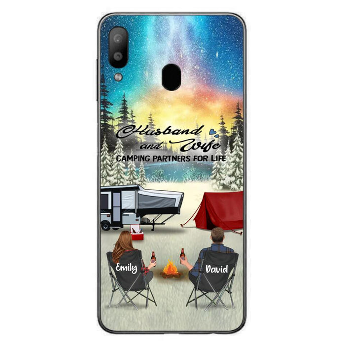 Custom Personalized Camping Xmas Phone Case - Christmas Gift For Camping Family/Couple/Single Parent/Solo - Upto 3 Kids and 4 Pets - Husband And Wife Camping Partners For Life - Case For iPhone And Samsung