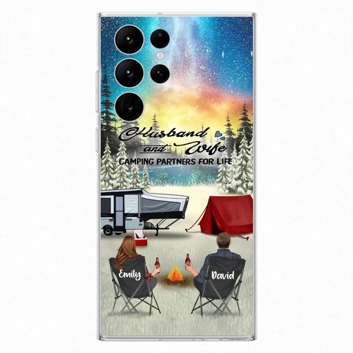 Custom Personalized Camping Xmas Phone Case - Christmas Gift For Camping Family/Couple/Single Parent/Solo - Upto 3 Kids and 4 Pets - Husband And Wife Camping Partners For Life - Case For iPhone And Samsung