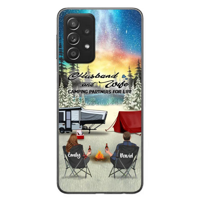 Custom Personalized Camping Xmas Phone Case - Christmas Gift For Camping Family/Couple/Single Parent/Solo - Upto 3 Kids and 4 Pets - Husband And Wife Camping Partners For Life - Case For iPhone And Samsung