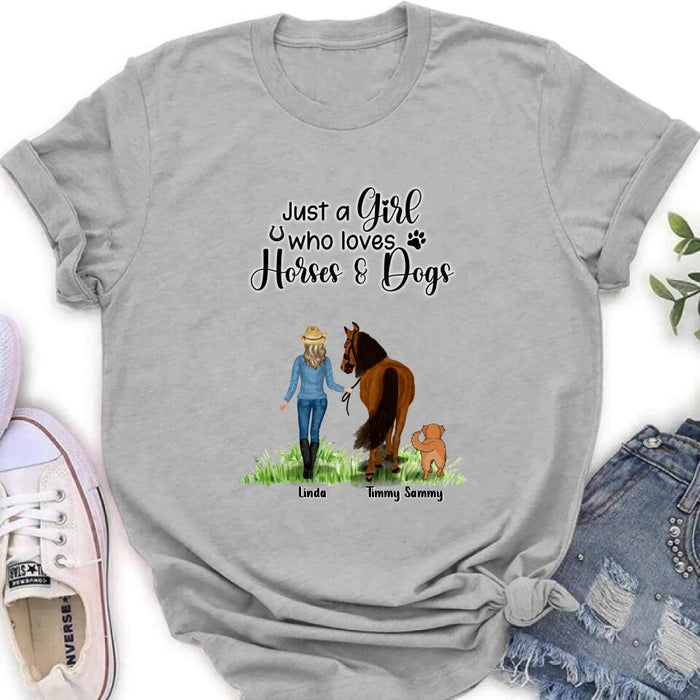 Custom Personalized Horse & Dog T-shirt - Gift Idea For Horse/Dog Lovers With Up To 2 Horses And 4 Dogs - Just A Girl Who Loves Horses & Dogs