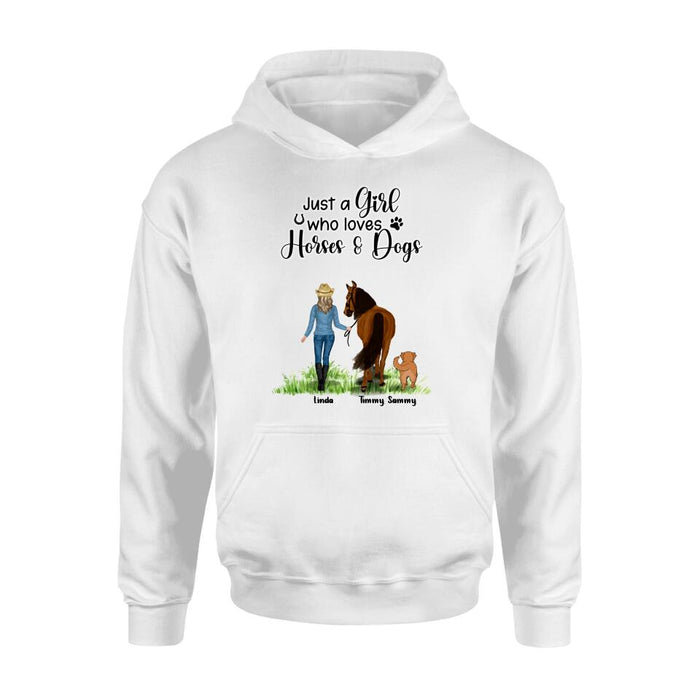 Custom Personalized Horse & Dog T-shirt - Gift Idea For Horse/Dog Lovers With Up To 2 Horses And 4 Dogs - Just A Girl Who Loves Horses & Dogs