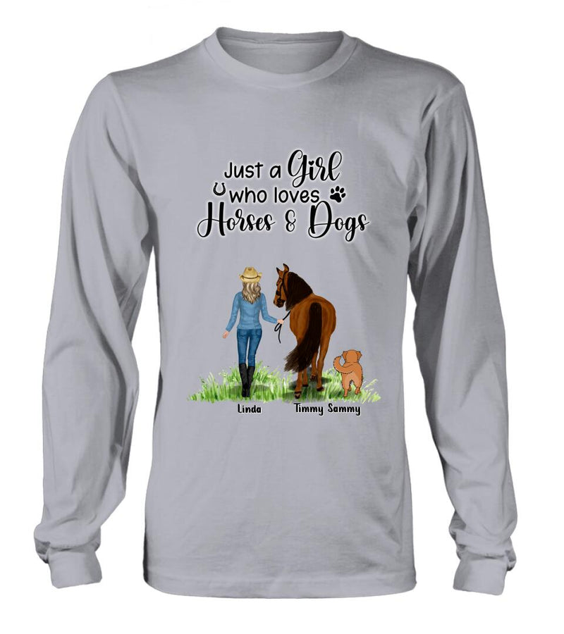 Personalized Horse & Dog T-shirt - Gift Idea For Horse/Dog Lovers With Up To 2 Horses And 4 Dogs - Just A Girl Who Loves Horses & Dogs